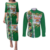 New Zealand Merry Christmas Couples Matching Puletasi and Long Sleeve Button Shirt Maori Animals, Koru Tattoo - Green Xmas Style LT03 Green - Polynesian Pride