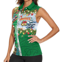 New Zealand Merry Christmas Women Sleeveless Polo Shirt Maori Animals, Koru Tattoo - Green Xmas Style LT03 - Polynesian Pride