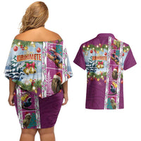 New Zealand Merry Christmas Couples Matching Off Shoulder Short Dress and Hawaiian Shirt Maori Animals, Koru Tattoo - Pink Xmas Style LT03 - Polynesian Pride