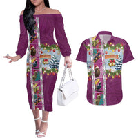 New Zealand Merry Christmas Couples Matching Off The Shoulder Long Sleeve Dress and Hawaiian Shirt Maori Animals, Koru Tattoo - Pink Xmas Style LT03 Pink - Polynesian Pride