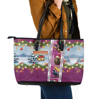 New Zealand Merry Christmas Leather Tote Bag Maori Animals, Koru Tattoo - Pink Xmas Style LT03 - Polynesian Pride