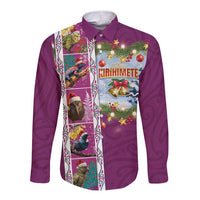 New Zealand Merry Christmas Long Sleeve Button Shirt Maori Animals, Koru Tattoo - Pink Xmas Style LT03 Unisex Pink - Polynesian Pride