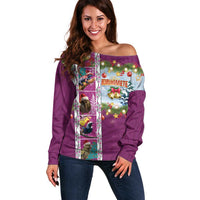 New Zealand Merry Christmas Off Shoulder Sweater Maori Animals, Koru Tattoo - Pink Xmas Style LT03 Women Pink - Polynesian Pride