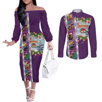 New Zealand Merry Christmas Couples Matching Off The Shoulder Long Sleeve Dress and Long Sleeve Button Shirt Maori Animals, Koru Tattoo - Purple Xmas Style LT03 Purple - Polynesian Pride