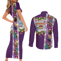 New Zealand Merry Christmas Couples Matching Short Sleeve Bodycon Dress and Long Sleeve Button Shirt Maori Animals, Koru Tattoo - Purple Xmas Style LT03 - Polynesian Pride
