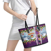 New Zealand Merry Christmas Leather Tote Bag Maori Animals, Koru Tattoo - Purple Xmas Style LT03 - Polynesian Pride