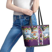 New Zealand Merry Christmas Leather Tote Bag Maori Animals, Koru Tattoo - Purple Xmas Style LT03 - Polynesian Pride