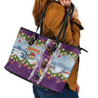 New Zealand Merry Christmas Leather Tote Bag Maori Animals, Koru Tattoo - Purple Xmas Style LT03 - Polynesian Pride