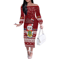 Tuvalu Christmas Off The Shoulder Long Sleeve Dress Snowman and Tuvalu Coat of Arms Maori Tribal Xmas Style LT03 Women Red - Polynesian Pride