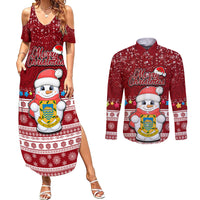 Personalised Tuvalu Christmas Couples Matching Summer Maxi Dress and Long Sleeve Button Shirt Snowman and Tuvalu Coat of Arms Maori Tribal Xmas Style LT03 Red - Polynesian Pride