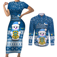 Personalised Tuvalu Christmas Couples Matching Short Sleeve Bodycon Dress and Long Sleeve Button Shirt Snowman Hugs Tuvalu Coat of Arms Maori Pattern Blue Style LT03 Blue - Polynesian Pride