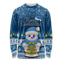 Personalised Tuvalu Christmas Long Sleeve Shirt Snowman Hugs Tuvalu Coat of Arms Maori Pattern Blue Style LT03 Unisex Blue - Polynesian Pride