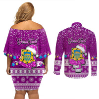 Personalised Tuvalu Christmas Couples Matching Off Shoulder Short Dress and Long Sleeve Button Shirt Snowman Hugs Tuvalu Coat of Arms Maori Pattern Pink Style LT03 - Polynesian Pride