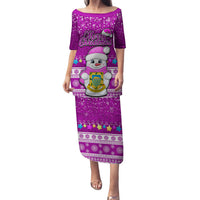 Personalised Tuvalu Christmas Family Matching Puletasi Dress and Hawaiian Shirt Snowman Hugs Tuvalu Coat of Arms Maori Pattern Pink Style LT03 Mom's Dress Pink - Polynesian Pride