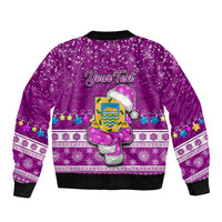 Personalised Tuvalu Christmas Sleeve Zip Bomber Jacket Snowman Hugs Tuvalu Coat of Arms Maori Pattern Pink Style LT03 - Polynesian Pride