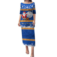 Personalised Marshall Islands Christmas Family Matching Puletasi Dress and Hawaiian Shirt Santa Claus and Coat of Arms Mix Polynesian Xmas Style LT03 Mom's Dress Blue - Polynesian Pride