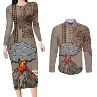 Aloha Volcano Custom Couples Matching Long Sleeve Bodycon Dress and Long Sleeve Button Shirt Mix Hawaiian Kakau Tribal LT03 Beige - Polynesian Pride