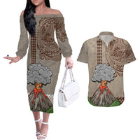 Aloha Volcano Custom Couples Matching Off The Shoulder Long Sleeve Dress and Hawaiian Shirt Mix Hawaiian Kakau Tribal LT03 Beige - Polynesian Pride