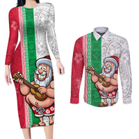 Hawaii Mele Kalikimaka Couples Matching Long Sleeve Bodycon Dress and Long Sleeve Button Shirt Santa Playing Ukele Mix Kakau Pattern Xmas Style LT03 Red - Polynesian Pride