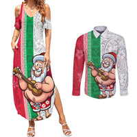 Hawaii Mele Kalikimaka Couples Matching Summer Maxi Dress and Long Sleeve Button Shirt Santa Playing Ukele Mix Kakau Pattern Xmas Style LT03 Red - Polynesian Pride