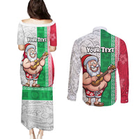 Custom Hawaii Mele Kalikimaka Couples Matching Puletasi Dress and Long Sleeve Button Shirt Santa Playing Ukele Mix Kakau Pattern Xmas Style LT03 - Polynesian Pride