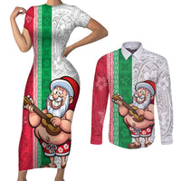 Custom Hawaii Mele Kalikimaka Couples Matching Short Sleeve Bodycon Dress and Long Sleeve Button Shirt Santa Playing Ukele Mix Kakau Pattern Xmas Style LT03 Red - Polynesian Pride