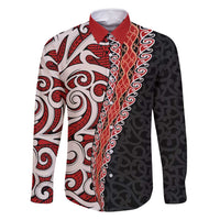New Zealand Maori Stylized Koru Family Matching Long Sleeve Bodycon Dress and Hawaiian Shirt LT03 Dad's Shirt - Long Sleeve Red - Polynesian Pride