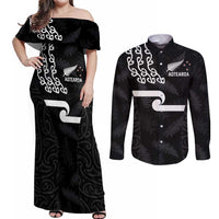 New Zealand Rugby Custom Couples Matching Off Shoulder Maxi Dress and Long Sleeve Button Shirt The Champions Aotearoa LT03 Black - Polynesian Pride