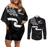 New Zealand Rugby Custom Couples Matching Off Shoulder Short Dress and Long Sleeve Button Shirt The Champions Aotearoa LT03 Black - Polynesian Pride