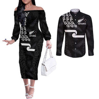 New Zealand Rugby Custom Couples Matching Off The Shoulder Long Sleeve Dress and Long Sleeve Button Shirt The Champions Aotearoa LT03 Black - Polynesian Pride