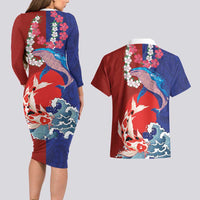 Hawaiian and Japanese Together Couples Matching Long Sleeve Bodycon Dress and Hawaiian Shirt The Whale and Koi Fish with Hinomaru and Lei