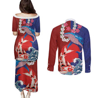 Hawaiian and Japanese Together Couples Matching Puletasi and Long Sleeve Button Shirt The Whale and Koi Fish with Hinomaru and Lei LT03 - Polynesian Pride