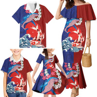 Hawaiian and Japanese Together Family Matching Mermaid Dress and Hawaiian Shirt The Whale and Koi Fish with Hinomaru and Lei LT03 - Polynesian Pride