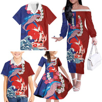 Hawaiian and Japanese Together Family Matching Off The Shoulder Long Sleeve Dress and Hawaiian Shirt The Whale and Koi Fish with Hinomaru and Lei