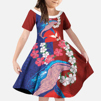 Hawaiian and Japanese Together Family Matching Off Shoulder Maxi Dress and Hawaiian Shirt The Whale and Koi Fish with Hinomaru and Lei LT03 Daughter's Dress Blue - Polynesian Pride