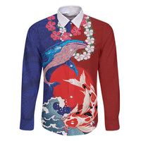 Hawaiian and Japanese Together Family Matching Off Shoulder Maxi Dress and Hawaiian Shirt The Whale and Koi Fish with Hinomaru and Lei LT03 Dad's Shirt - Long Sleeve Blue - Polynesian Pride
