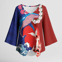 Hawaiian and Japanese Together Kimono Sleeve Blouse The Whale and Koi Fish with Hinomaru and Lei LT03 Female Blue - Polynesian Pride