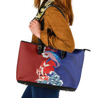 Hawaiian and Japanese Together Leather Tote Bag The Whale and Koi Fish with Hinomaru and Lei LT03 Blue - Polynesian Pride