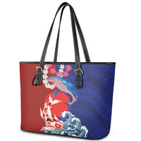 Hawaiian and Japanese Together Leather Tote Bag The Whale and Koi Fish with Hinomaru and Lei LT03 - Polynesian Pride
