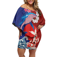 Hawaiian and Japanese Together Off Shoulder Short Dress The Whale and Koi Fish with Hinomaru and Lei LT03 Women Blue - Polynesian Pride
