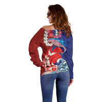Hawaiian and Japanese Together Off Shoulder Sweater The Whale and Koi Fish with Hinomaru and Lei LT03 - Polynesian Pride