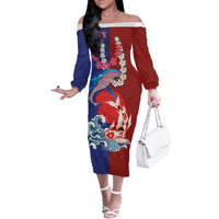 Hawaiian and Japanese Together Off The Shoulder Long Sleeve Dress The Whale and Koi Fish with Hinomaru and Lei LT03 Women Blue - Polynesian Pride