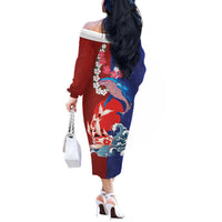 Hawaiian and Japanese Together Off The Shoulder Long Sleeve Dress The Whale and Koi Fish with Hinomaru and Lei LT03 - Polynesian Pride