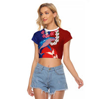 Hawaiian and Japanese Together Raglan Cropped T Shirt The Whale and Koi Fish with Hinomaru and Lei LT03 Female Blue - Polynesian Pride