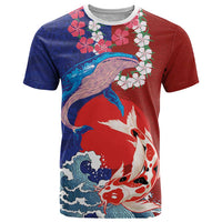 Hawaiian and Japanese Together T Shirt The Whale and Koi Fish with Hinomaru and Lei LT03 Blue - Polynesian Pride