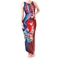 Hawaiian and Japanese Together Tank Maxi Dress The Whale and Koi Fish with Hinomaru and Lei LT03 Women Blue - Polynesian Pride