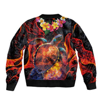 Hawaiian Turtle with Volcanic Eruption Bomber Jacket Hibiscus Lei and Lava Flow an Abstract Texture