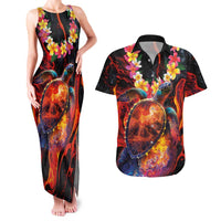 Hawaiian Turtle with Volcanic Eruption Couples Matching Tank Maxi Dress and Hawaiian Shirt Hibiscus Lei and Lava Flow an Abstract Texture