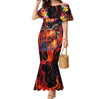 Hawaiian Turtle with Volcanic Eruption Family Matching Mermaid Dress and Hawaiian Shirt Hibiscus Lei and Lava Flow an Abstract Texture LT03 Mom's Dress Black - Polynesian Pride
