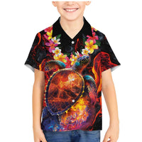 Hawaiian Turtle with Volcanic Eruption Family Matching Mermaid Dress and Hawaiian Shirt Hibiscus Lei and Lava Flow an Abstract Texture LT03 Son's Shirt Black - Polynesian Pride